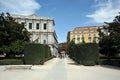 Plaza de Oriente Central Gardens with Monument to Philip IV located between the Royal Palace and the Royal Theatre in Madrid.